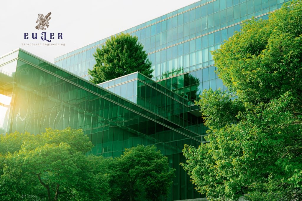 Engineers installing recycled steel beams in an eco-conscious building by Euler