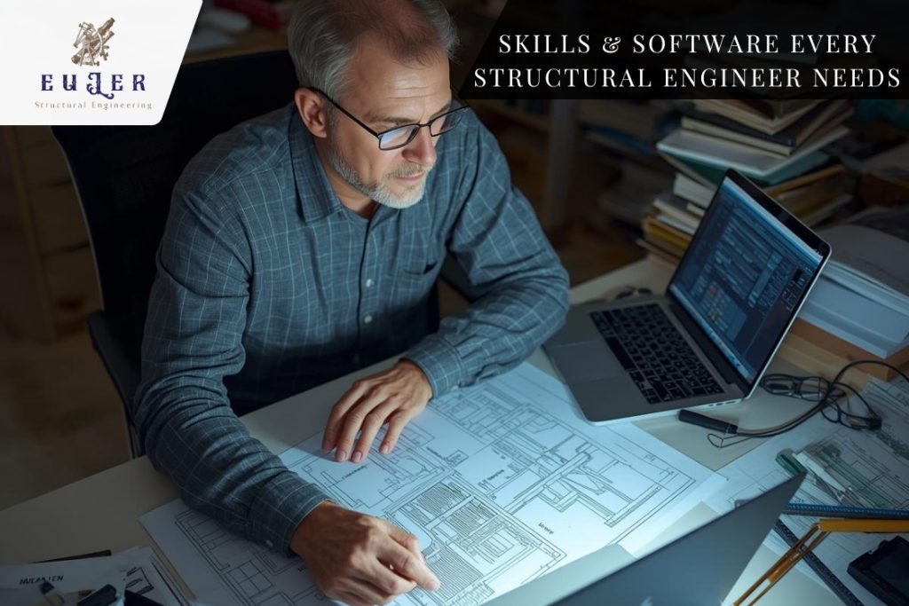 Structural engineer using AutoCAD software on a laptop